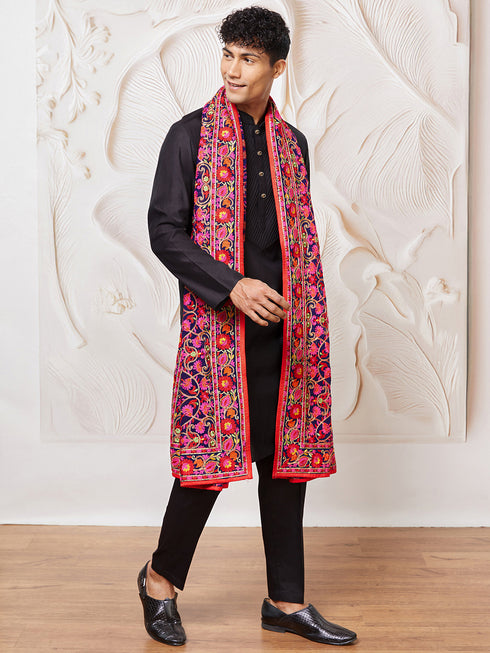 Men's Black Silk Blend Kurta,Pyjama And Dupatta Set.